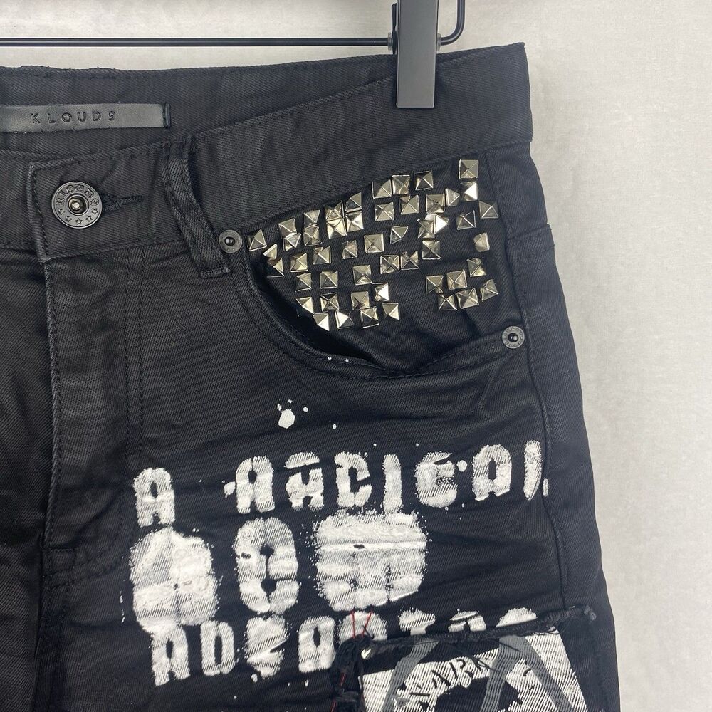 Kloud 9 Jeans Size 30/32 Black Painted Studded Design Streetwear Pockets Casual - Picture 6 of 16